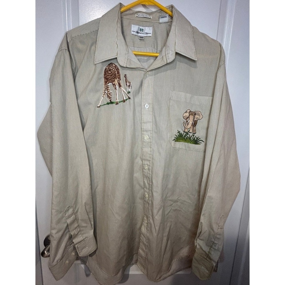 Vintage 90's Animal Embroidered African Long Sleeve Dress Shirt